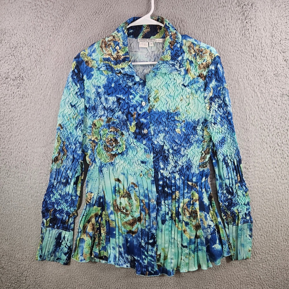 Alberto Makali Womens Blue Green Abstract Popcorn Pleated Button‎ Down Shirt M